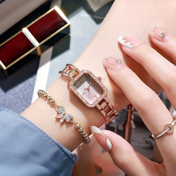 Elegant Rhinestone Ladies Square Watch - Minimalist Luxury Quartz Wristwatch with Golden-Tone Alloy Band, Sparkling Accents & Shock-Resistant Design for Everyday Casual or Formal Wear, Stylish Wristwatch | Modern Accessory | Shockresistant Timepiece - Image 7
