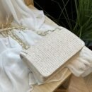 [Straw Shoulder Bag] Chic Woven Straw Women's Shoulder Bag | Fashionable Chain Crossbody Purse, Leather Lined, Turn-lock Closure, Summer Beach Vacation Accessory | Black/Yellow/Beige/Mixed Colors with Pearl Accents