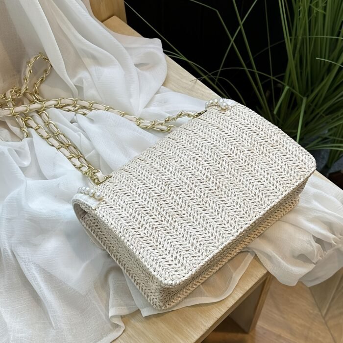 [Straw Shoulder Bag] Chic Woven Straw Women's Shoulder Bag | Fashionable Chain Crossbody Purse, Leather Lined, Turn-lock Closure, Summer Beach Vacation Accessory | Black/Yellow/Beige/Mixed Colors with Pearl Accents - Image 10
