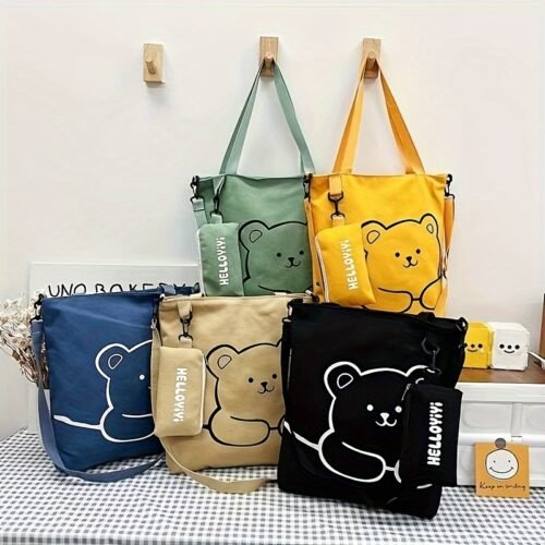 Cute Cartoon Print Tote Bag, Large Capacity Shoulder Bag & Coin Bag, Perfect Underarm Bag For Commuting