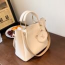 Stylish Large Capacity Women's Tote Bag - Versatile Shoulder & Crossbody Purse with Zipper Closure, PU Material, Cream Color, Golden-Toned Hardware, and Adorable Bear Charm, Crossbody Bag