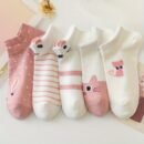 5 Pairs of Cute Cartoon Cat Socks for Women - Pink and White, Short & Mid-Calf, Lightweight, Machine Washable, Spring/Summer Footwear, Casual Wear|Playful Cat Design|Stretchy Fabric