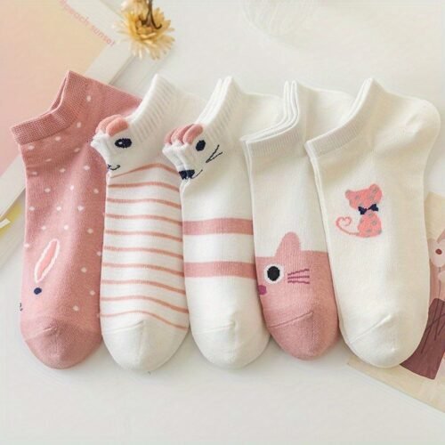 5 Pairs of Cute Cartoon Cat Socks for Women - Pink and White, Short & Mid-Calf, Lightweight, Machine Washable, Spring/Summer Footwear, Casual Wear|Playful Cat Design|Stretchy Fabric