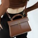 Elegant Women's Top Handle Satchel Bag - Chic Solid Color Design with Adjustable Shoulder Strap, Golden-Tone Clasp & Spacious Interior, Perfect for Daily Use or Gift Giving (Khaki/Dark Brown/Red/Black), Versatile Fashion Accessory | Fashionable Accessory | Synthetic Leather Bag
