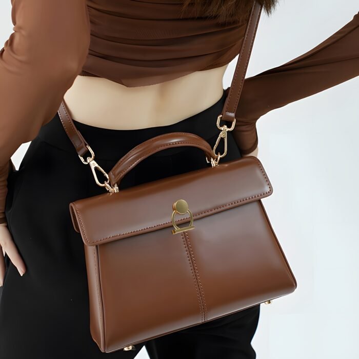 Elegant Women's Top Handle Satchel Bag - Chic Solid Color Design with Adjustable Shoulder Strap, Golden-Tone Clasp & Spacious Interior, Perfect for Daily Use or Gift Giving (Khaki/Dark Brown/Red/Black), Versatile Fashion Accessory | Fashionable Accessory | Synthetic Leather Bag - Image 12
