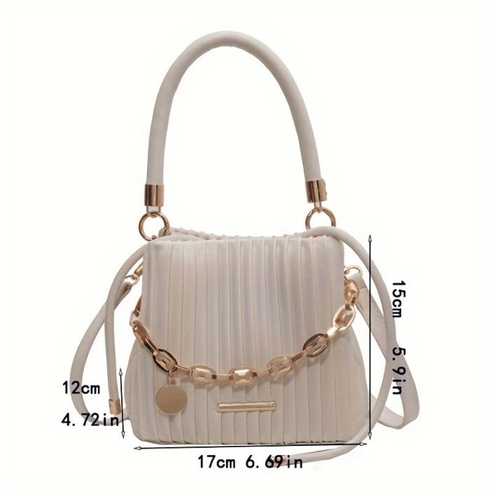 2024 Summer Women's White PU Pleated Bucket Crossbody Bag with Adjustable Golden-Tone Chain Strap & Drawstring Closure - Lightweight Portable Shoulder Bag for Casual & Formal Occasions, Small Crossbody Bag - Image 4