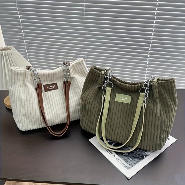 DISSEFA-TECH Corduroy Shoulder Bag for Women, Elegant Striped Tote with Removable PU Strap, Zipper Closure, Polyester Lined, Versatile for Daily Use and School - Ideal Valentine'S Gift - Image 14