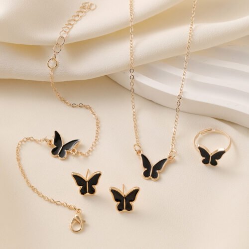 4pcs Elegant Butterfly Jewelry Set for Women, Cute Alloy Necklace, Ring, Earrings, Bracelet, Versatile Fashion Accessories for All Occasions, Gift-Ready