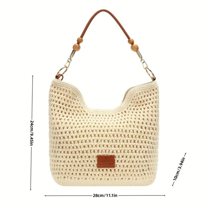Women's Crochet Woven Tote Bag - Casual Chic Convertible Shoulder & Crossbody Bag with Magnetic Closure, Beige Fabric & Brown Accents, Durable Polyester Lining for Beach, Commute, Everyday Use - Image 4