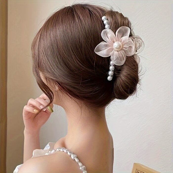 1pc Elegant Bohemian Floral Imitation Pearl Hair Clip for Women - Large Mesh Tulle Hair Claw with Imitation Imitation Pearl & Flower Design, Pink & Champagne Color-Blocked, Secure Hold for Updos, Weddings, Parties, All Hairstyles, Cute Hair Accessories, Wedding Hair Accessory, Versatile Hairpiece, Imitation Pearl Embellishments - Image 10