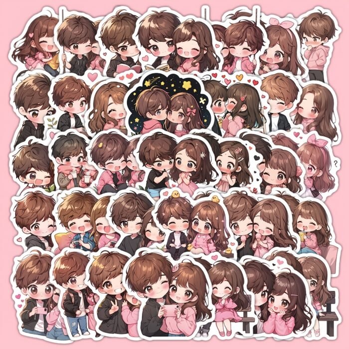54pcs Cute Love Couple Waterproof Vinyl Stickers - Romantic Decor for Laptops, Glasses, Water Bottles & Notebooks - Reusable, Mixed Colors, Perfect Gift for Him & Her - Image 2