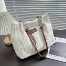 DISSEFA-TECH Corduroy Shoulder Bag for Women, Elegant Striped Tote with Removable PU Strap, Zipper Closure, Polyester Lined, Versatile for Daily Use and School - Ideal Valentine'S Gift
