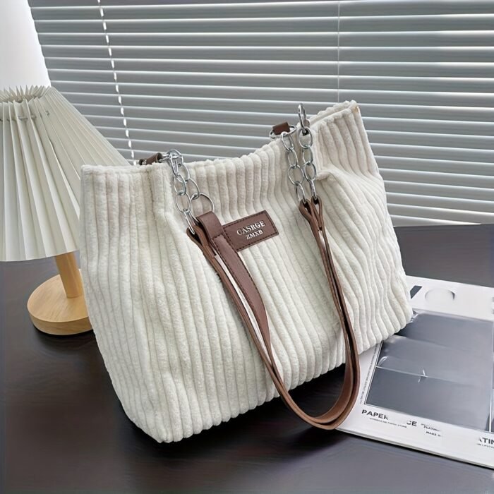 DISSEFA-TECH Corduroy Shoulder Bag for Women, Elegant Striped Tote with Removable PU Strap, Zipper Closure, Polyester Lined, Versatile for Daily Use and School - Ideal Valentine'S Gift - Image 7