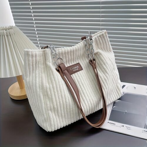 DISSEFA-TECH Corduroy Shoulder Bag for Women, Elegant Striped Tote with Removable PU Strap, Zipper Closure, Polyester Lined, Versatile for Daily Use and School - Ideal Valentine'S Gift