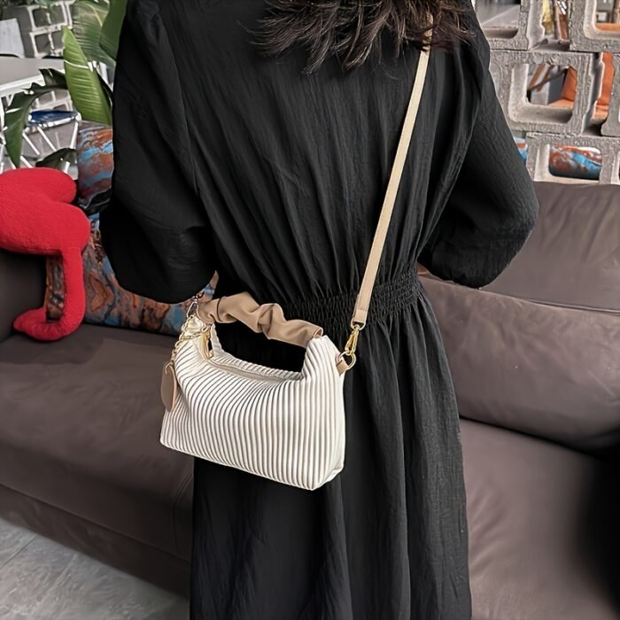 Striped Handbag for Women - Stylish Urban Shoulder Bag with Zipper Closure, Polyester Lined, Black, Perfect for Casual or Office Us - Image 12