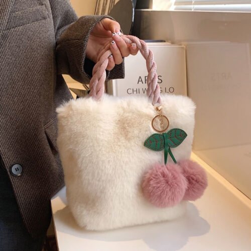 Women's White Cherry Plush Faux Fur Tote Bag with Detachable Pink Chain Strap & Green Cherry Embellishment, Magnetic Closure, Polyester Lining - Versatile for Casual & Formal Occasions, Playful Design, Soft Texture, Fashion Accessory, Stylish Handbag, Durable Material, Bucket Handbag, Fashion Lovers