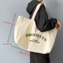 [Lightweight Design] Brooklyn 1989 NYC Tote Bag for Women - Large Capacity, Beige with Green Letter Print, Fixed Shoulder Straps, Hand Washable, Casual Everyday Use