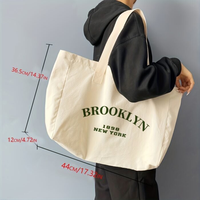[Lightweight Design] Brooklyn 1989 NYC Tote Bag for Women - Large Capacity, Beige with Green Letter Print, Fixed Shoulder Straps, Hand Washable, Casual Everyday Use - Image 4