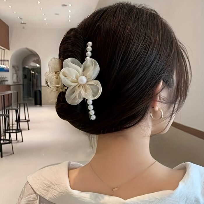 1pc Elegant Bohemian Floral Imitation Pearl Hair Clip for Women - Large Mesh Tulle Hair Claw with Imitation Imitation Pearl & Flower Design, Pink & Champagne Color-Blocked, Secure Hold for Updos, Weddings, Parties, All Hairstyles, Cute Hair Accessories, Wedding Hair Accessory, Versatile Hairpiece, Imitation Pearl Embellishments - Image 9