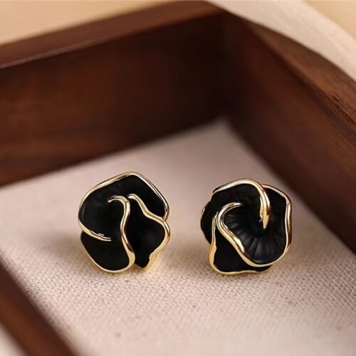 Pair of Elegant Black & Golden Camellia Flower Stud Earrings - Chic Minimalist Design with Enamel Finish, Stainless Steel Posts, Ideal for Weddings, Balls, Music Festivals, and Everyday Glamour, Cute Earrings