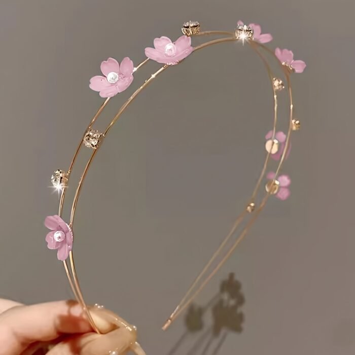1pc Sweet Style Zinc Alloy Cherry Blossom Hairband, Pink Floral Double Layer Dress Up Headband for Women and Girls, Fashion Solid Color Hair Accessory for Wedding Festivals - Image 3