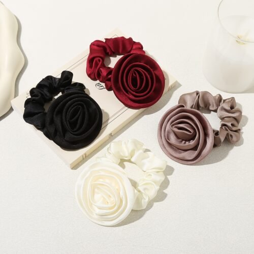1pc Elegant Rose Flower Scrunchie, Korean Style Fabric Hair Tie, Simple Solid Color, Floral Hair Accessory for Women, Single Pack