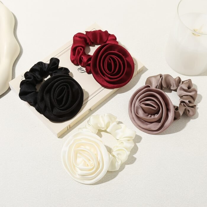 1pc Elegant Rose Flower Scrunchie, Korean Style Fabric Hair Tie, Simple Solid Color, Floral Hair Accessory for Women, Single Pack