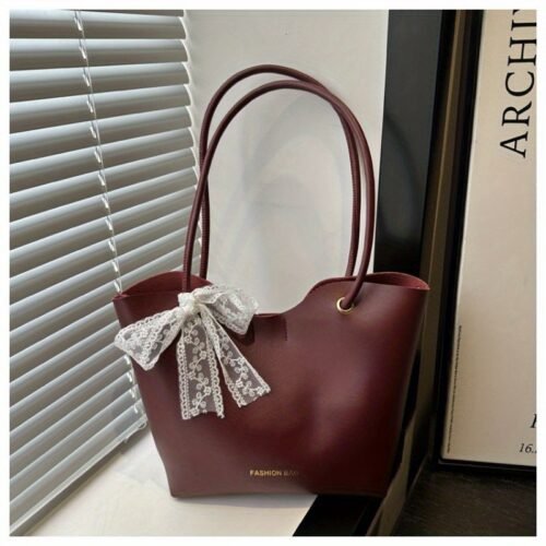 Women's Elegant Crossbody Bag with Bow Detail - Premium Korean-Inspired Commuting Tote, Fixed Strap & Snap Closure, Solid Color Options (Khaki/Deep Brown/Red/Black) - Birthday & Holiday Gift