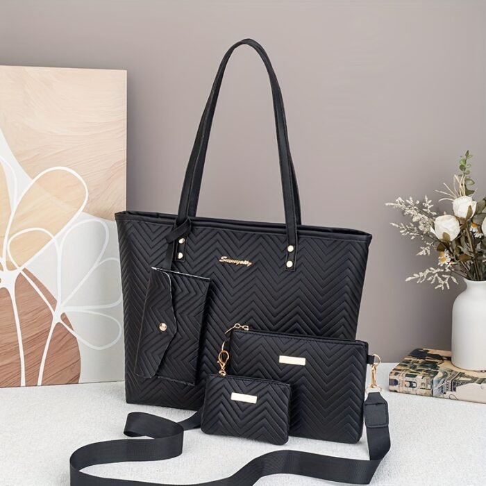 4pcs Fashion Simple Tote Bag Set for Women, Basics Style, Double Handles, Zipper Closure, Polyester Lining, Material, with Daily Commute Occasion, Dry Clean Only, Do Not Wash - Image 12