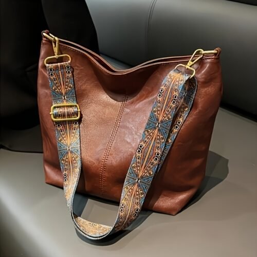 1pc Bohemian Style Large Capacity Women'S Shoulder Bag, Vintage Wide Strap Crossbody Bag, Casual Commuter Bag, Ideal for Easter, Mother'S Day, Casual Commuter Bag|Bohemian Style Bag|Zipper Closure Bag