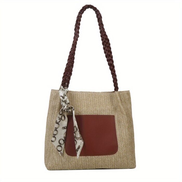 Women's Vintage Woven Tote Bag - Summer 2025 New Design, Large Capacity Crossbody Shoulder Bag with Decorative Tassel Handles & Zipper Closure, Light Brown/White/Green, Durable Fabric for Casual & Holiday Use, Casual Shoulder Bag | Braided Strap Bag | Zipper Closure Tote - Image 8