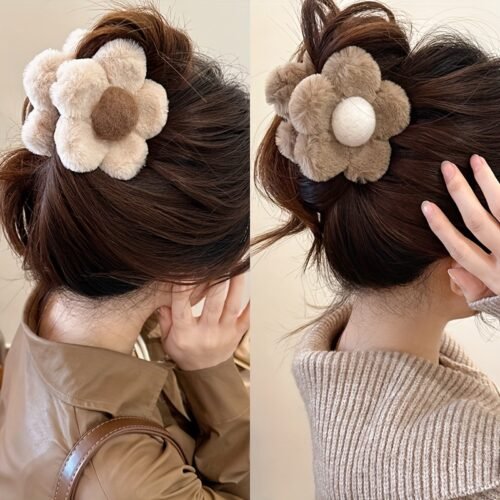 2pcs Plush Flower Hair Clips - Soft Fluffy Faux Fur Floral Hair Accessories for Women, Brown & Beige, Lightweight Non-Slip Hairpins for Everyday & Special Occasions, Accessories for Hair, Faux Fur Accessory
