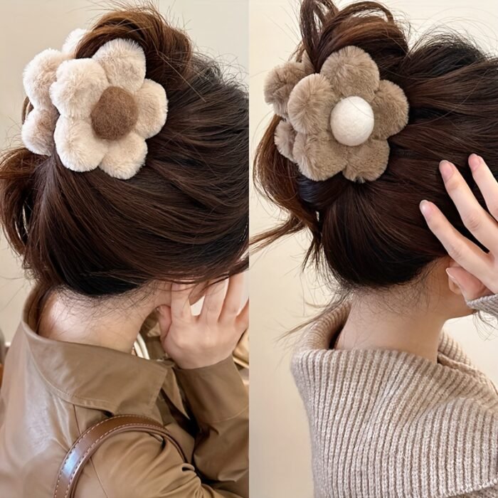 2pcs Plush Flower Hair Clips - Soft Fluffy Faux Fur Floral Hair Accessories for Women, Brown & Beige, Lightweight Non-Slip Hairpins for Everyday & Special Occasions, Accessories for Hair, Faux Fur Accessory