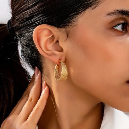 Pair of Vintage-Inspired Multi-Layered Hoop Earrings for Women - Elegant, Oversized Line Design, Perfect for Parties & Banquets, All-Season Wear, Iron with Stainless Steel Posts, Party Accessories|Vintage Hoop Earrings|14K Golden Plated Jewelry