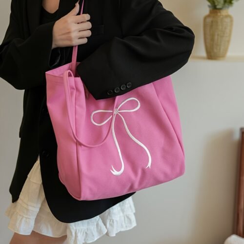 Embroidered Bowtie Underarm Tote Bag For Men Women, Large Handbag For Daily Commute, Simple Trendy Versatile Daypacks