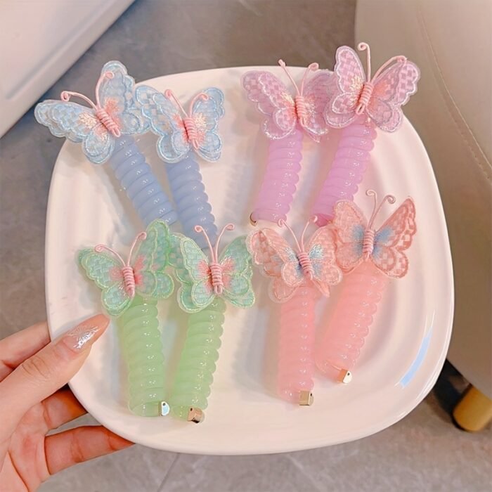 GUIJUI 2pcs Cute Butterfly Phone Cord Hair Ties for Kids, High Elasticity Resin Hair Bands, All-Season Daily & Casual Wear, Christmas & Valentine'S Day Gift, Knit Fabric Weaving Method - Image 8
