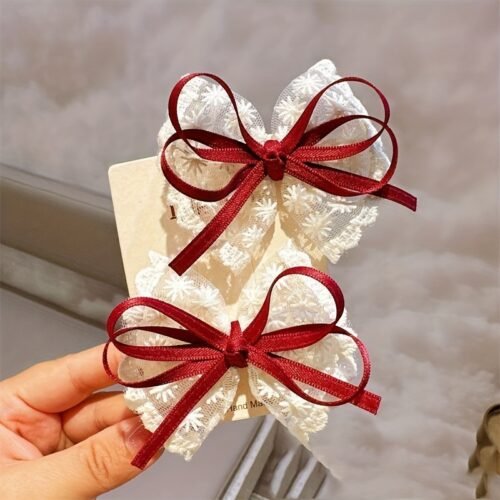 2pcs Elegant Lace Bow Hairpins - Red Ribbon & White Floral Design, Perfect for Dates, Travel, and Casual Style, Casual Hair Accessory | Elegant Hairpin | Detailed Craftsmanship, Hairpin