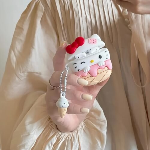 For Hello Kitty Ice Cream-Shaped Silicone Case for AirPods Pro with Keychain - Cute Cartoon Design, Anti-Fall & Durable Protective Cover, Mixed Colors, Airpod Storage Case