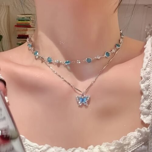 2pcs Handmade Resin Butterfly Pendant Necklace Set, Alloy Double Layer Necklace, Simple Animal Theme, Gift for Her, Valentine'S Day, Suitable for All Seasons, Daily and Special Occasions, Korean Styl