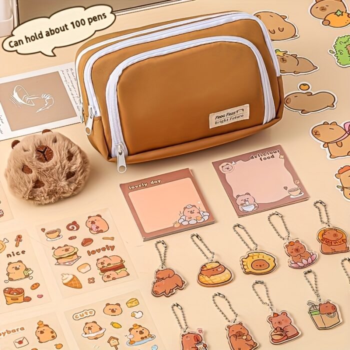 Charming Capybara-Themed Stationery Set - Elegant Light Brown Canvas Organizer with Zippered Pouch & Compartments, Ideal for Graduation & Birthday Gifts, Includes Markers, Pens, and Highlighters, Gift Bag Included, Capybara Accessories - Image 4