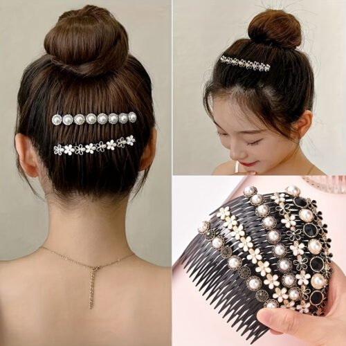 6pcs Set of Elegant Pearl And Rhinestone Hair Combs - Fancy French Twist Holders for Women with Normal Hair Type - Decorative Hair Styling Accessories Under 300G