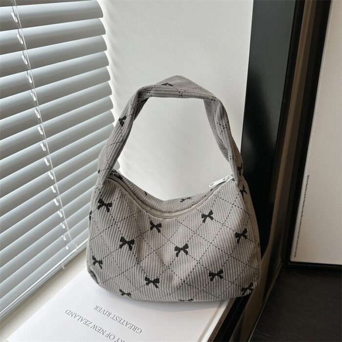 Women's Handbag and Wallet Sweet Plaid Bow Pocket Bag, Gray-White Autumn-Winter Corduroy Material, Niche Design, Large Capacity Underarm Casual Style, Japanese-Korean Backpack Trend, Minimalist Fashionable Tote Bag, Essential for Gifting, Holidays, Travel, and Outings - Image 8