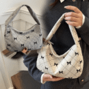 Women's Handbag and Wallet Sweet Plaid Bow Pocket Bag, Gray-White Autumn-Winter Corduroy Material, Niche Design, Large Capacity Underarm Casual Style, Japanese-Korean Backpack Trend, Minimalist Fashionable Tote Bag, Essential for Gifting, Holidays, Travel, and Outings