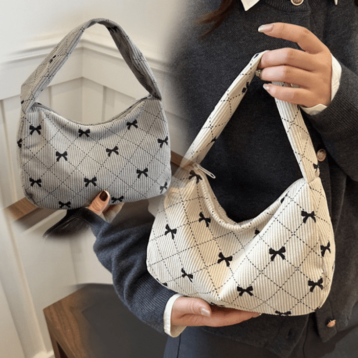Women's Handbag and Wallet Sweet Plaid Bow Pocket Bag, Gray-White Autumn-Winter Corduroy Material, Niche Design, Large Capacity Underarm Casual Style, Japanese-Korean Backpack Trend, Minimalist Fashionable Tote Bag, Essential for Gifting, Holidays, Travel, and Outings