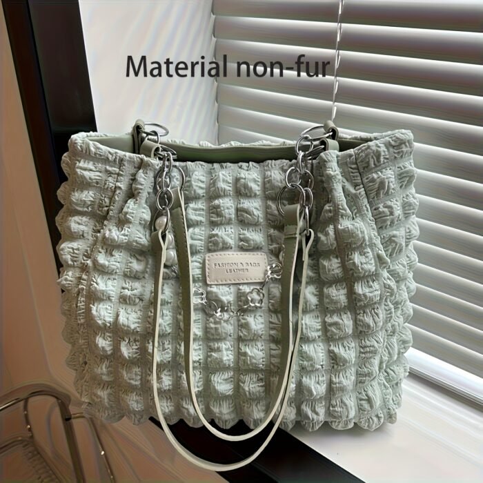Y2K Style Women's Soft Lightweight Spacious Tote Bag with Cloud-Like Pleats, Beaded Accents & Chain Strap - Zipper Closure Durable Nylon Handbag for Casual, Commute, Daily Use - Bright Pink/White/Black, Commute Handbag | Pearlescent Zipper Pull | Embellishments - Image 3