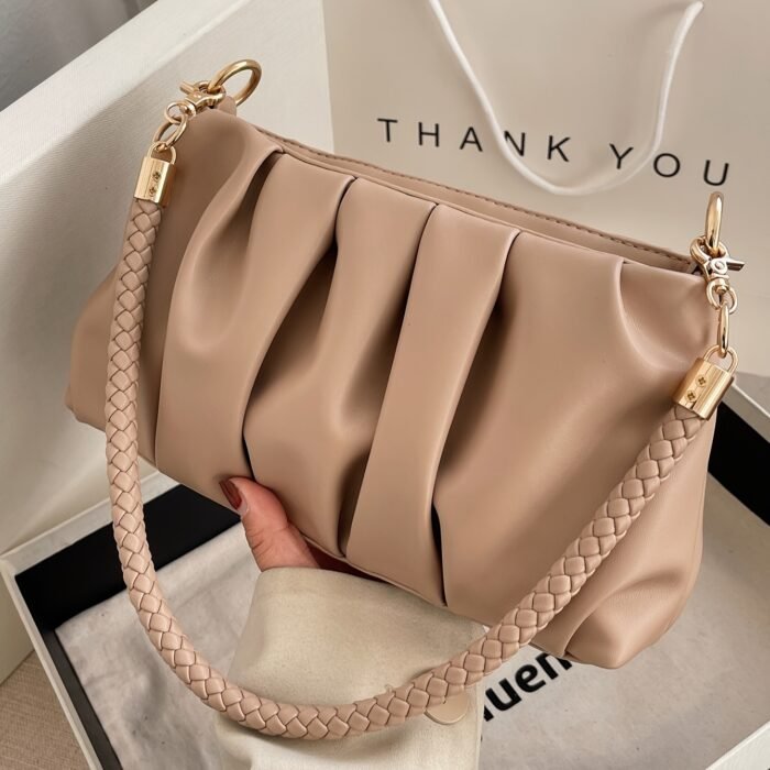 Elegant Beige Shoulder Bag for Women - Chic Pleated Design with Golden-Tone Hardware, Versatile Handbag/Crossbody for Daily Use, Shopping, and Travel, Cute Purse