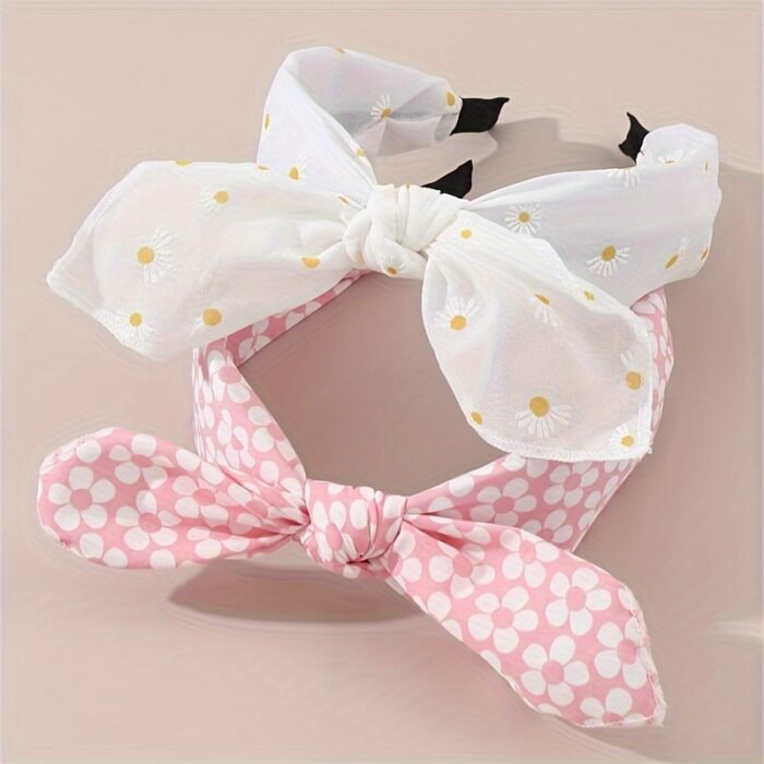 2pcs Cute Pink Strawberry & Floral Bunny Ear Headbands for Girls - Sweet, Versatile Hair Accessories with Bow Detail - Image 7