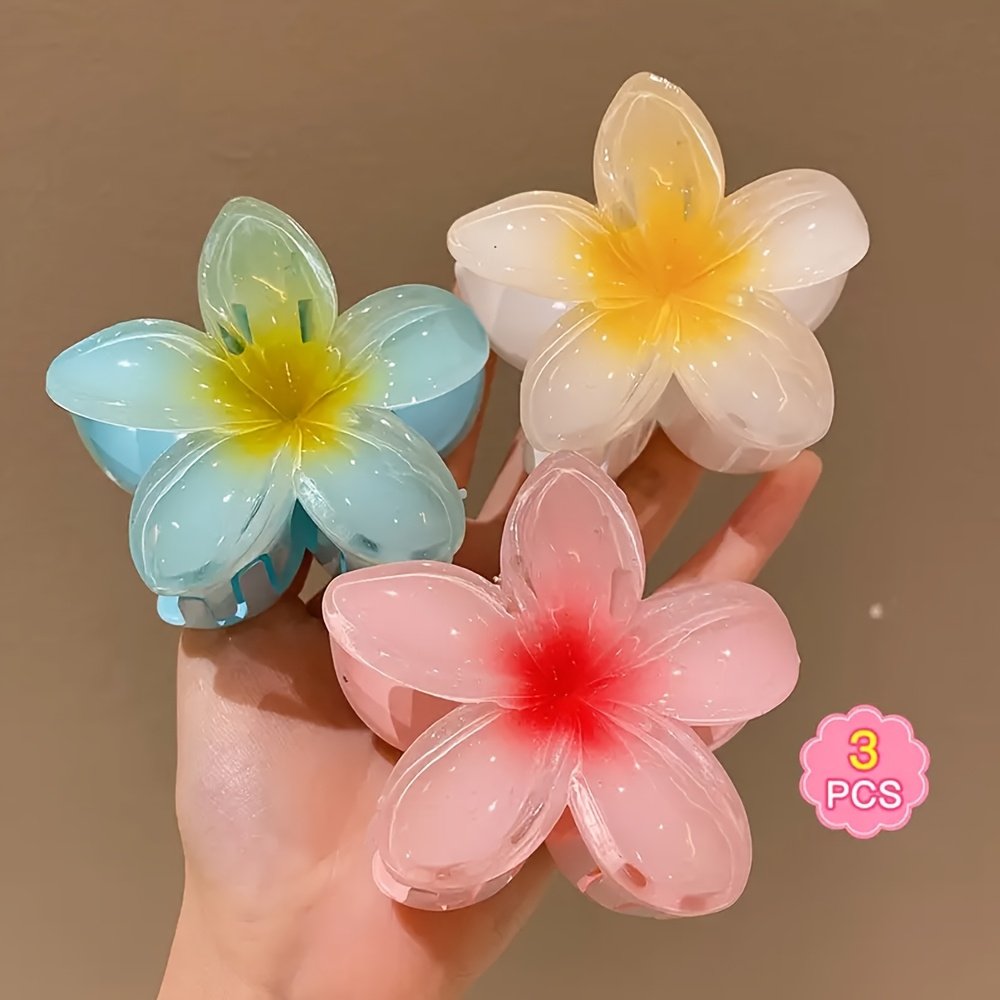 3pcs Sweet Plumeria Flower Hair Claw Clips, 3.15 Inch Large Non-Slip Grip, Vibrant Mixed Colors (Blue, Pink, Red) – Perfect for Party Hairstyles & Holiday Styling, Ideal Gift for Girls, Holiday Hair Decor | Trendy Hair Styling | Plastic Flower Clips, Hair Accessories