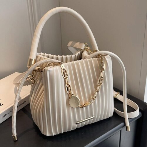 2024 Summer Women's White PU Pleated Bucket Crossbody Bag with Adjustable Golden-Tone Chain Strap & Drawstring Closure - Lightweight Portable Shoulder Bag for Casual & Formal Occasions, Small Crossbody Bag