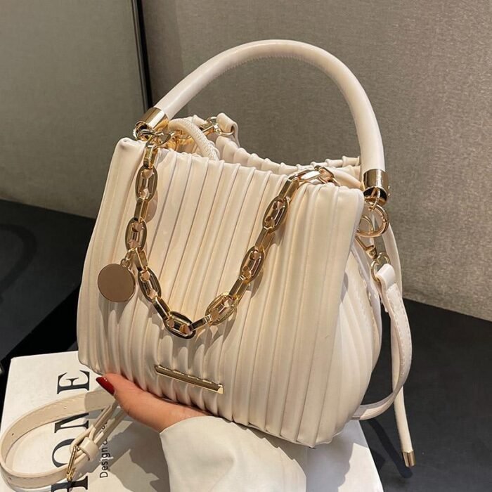 2024 Summer Women's White PU Pleated Bucket Crossbody Bag with Adjustable Golden-Tone Chain Strap & Drawstring Closure - Lightweight Portable Shoulder Bag for Casual & Formal Occasions, Small Crossbody Bag - Image 2